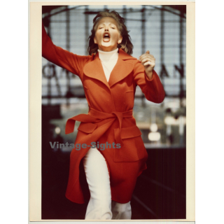 Classy Female Model In Motion / Red Wool Coat (Vintage Photo 1980s WOLFGANG KLEIN ~DIN A3)