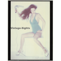 Female Model In Bodysuit With Blow Dryer / Filter (Vintage Photo 1980s WOLFGANG KLEIN ~DIN A3)