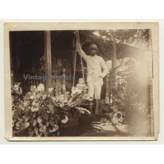 Congo-Belge: Colonialist Proudly Swings His Baby On Porch (Vintage Photo ~1910s/1920s)