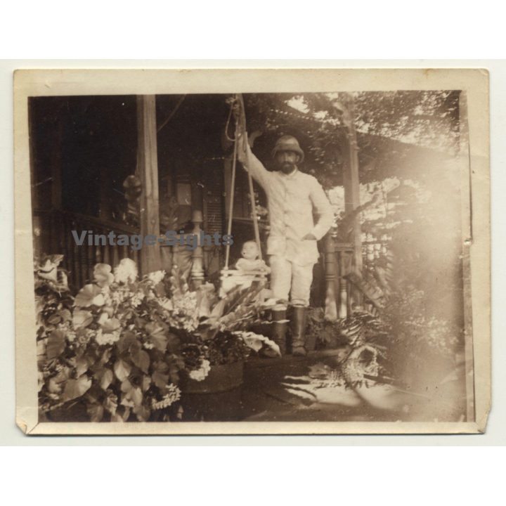 Congo-Belge: Colonialist Proudly Swings His Baby On Porch (Vintage Photo ~1910s/1920s)