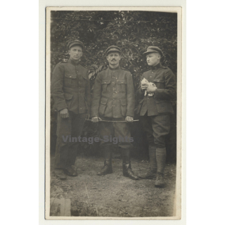 3 Belgian Uniformed Soldiers With Kitten / Cat (Vintage RPPC ~1930s/1940s)