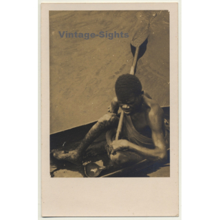 Africa: Indigenous Fisher In Dugout / Paddle - Crippled Foot (Vintage RPPC)