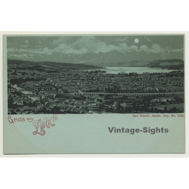 Switzerland: Gruss Aus Zürich / Moonlight (Vintage PC Litho ~1900s)