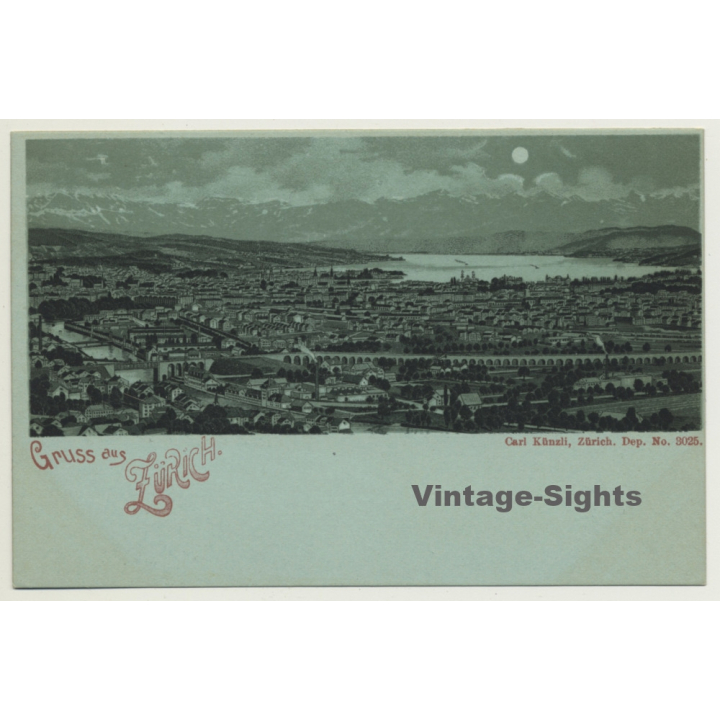 Switzerland: Gruss Aus Zürich / Moonlight (Vintage PC Litho ~1900s)