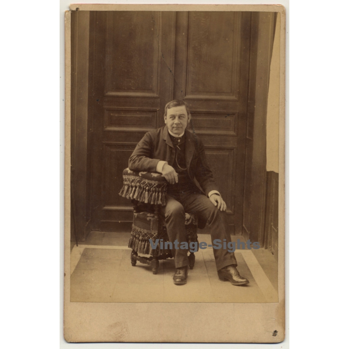 Older Man On Fancy Stool / Boots (Vintage Cabinet Card ~1870s/1880s)