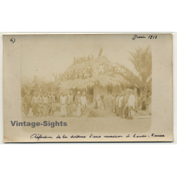 Kanda-Kanda / Conge-Belge: Indigenous Repair Roof Of Hut (Vintage RPPC 1913)
