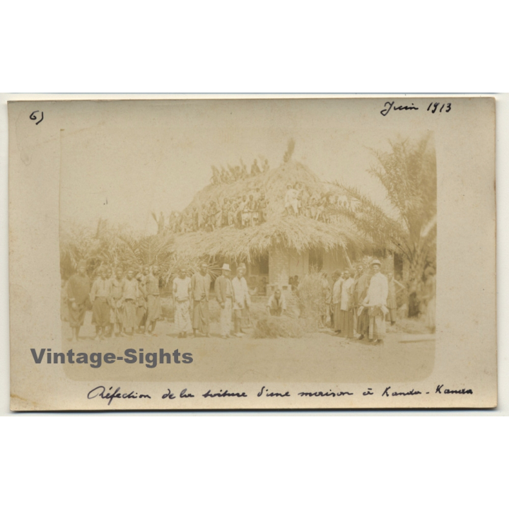 Kanda-Kanda / Conge-Belge: Indigenous Repair Roof Of Hut (Vintage RPPC 1913)
