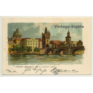 Prague / Czech Republic: Bridge Tower & Karluv Bridge (Vintage PC Litho 1901)