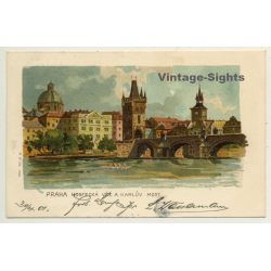 Prague / Czech Republic: Bridge Tower & Karluv Bridge (Vintage PC Litho 1901)