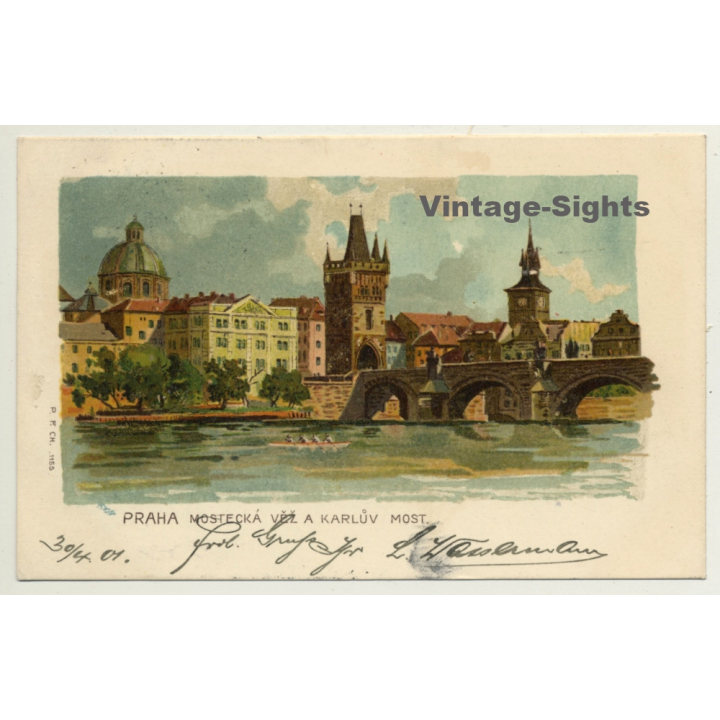 Prague / Czech Republic: Bridge Tower & Karluv Bridge (Vintage PC Litho 1901)