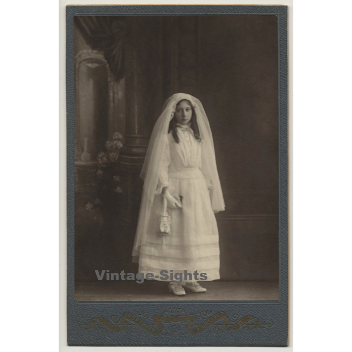 Marc Galuzzi: Young Bridesmaid / Robe & Veil (Vintage Cabinet Card ~1890s/1900s)