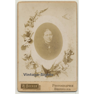 M. Becker / Bruxelles: Portrait Of Older Woman / Swallow - Flowers (Vintage Cabinet Card ~1880s/1890s)