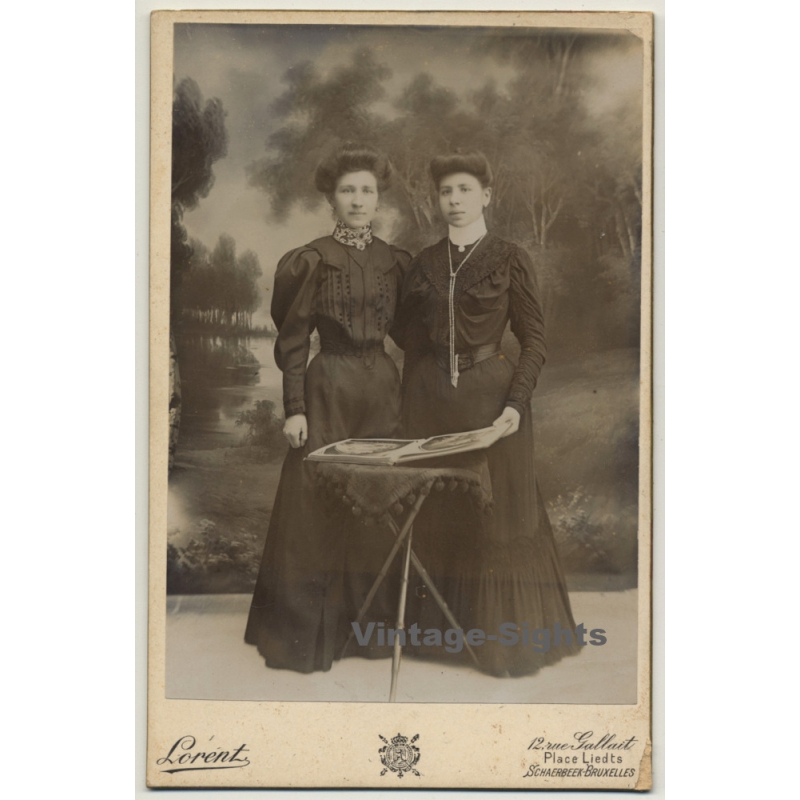 Lorent / Bruxelles: Portrait Of 2 Females In Victorian Robes (Vintage Cabinet Card ~1880s/1890s)