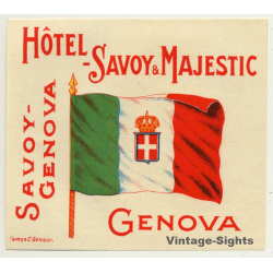 Genova / Italy: Hotel Savoy & Majestic / Flag (Vintage Luggage Label)