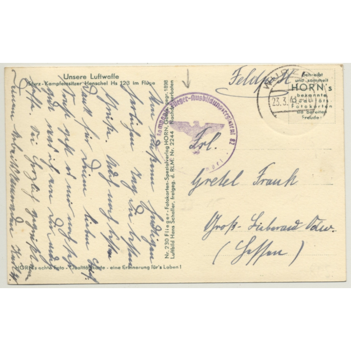 Luftwaffe: Henschel HS 123 (Vintage RPPC Aviation 1944)