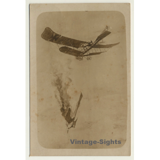 WW1: German Aircraft - Dogfight - Hit - Crash (Vintage RPPC Aviation ~1910s)