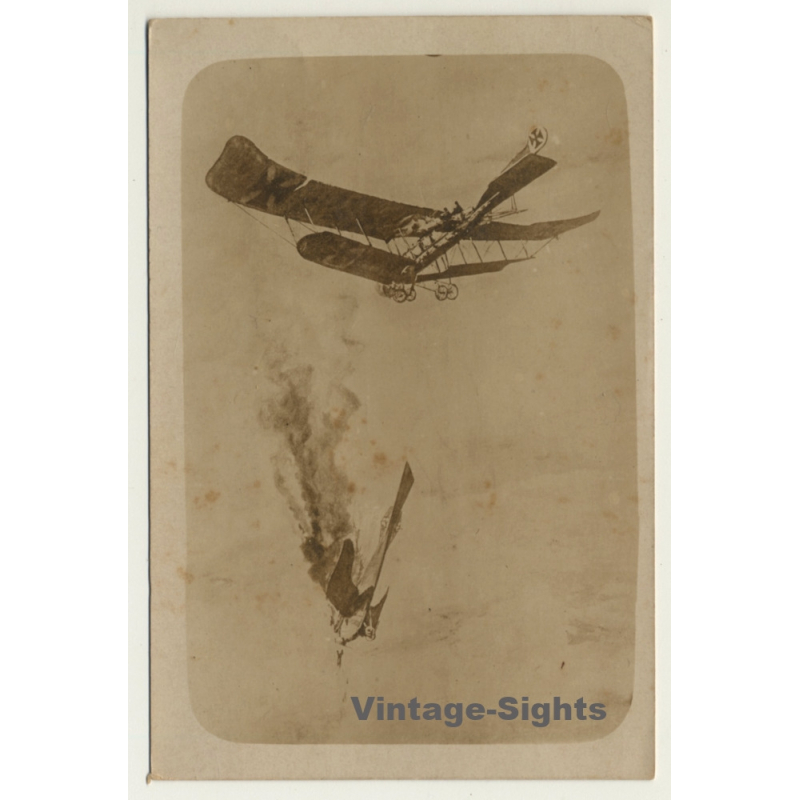 WW1: German Aircraft - Dogfight - Hit - Crash (Vintage RPPC Aviation ~1910s)