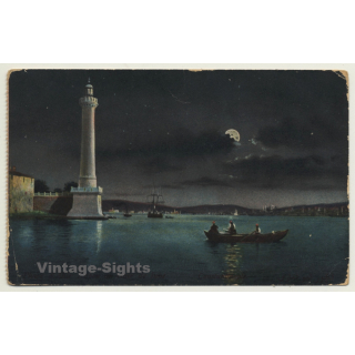 Unidentified Lighthouse - Full Moon - Rowboat (Vintage Postcard)