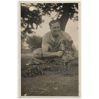 Africa: Man Caresses Young Leopard (Vintage RPPC ~1950s)