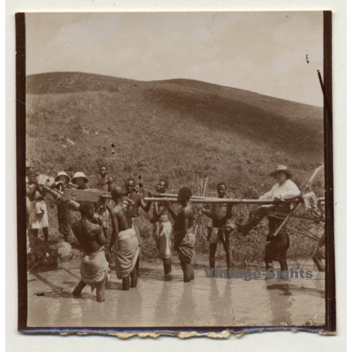 Congo Belge: Native Tribe Members Carry Woman In Sedan Chair (Vintage Photo ~ 1920s/1930s)