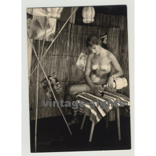 Nude Woman In Beach House Drinks Wine / Tan Lines - 50s Interior  (Vintage Amateur Photo 1950s)
