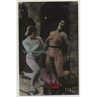Nude Woman In Dungeon *4 / Hooded Men - BDSM (Hand Tinted RPPC ~1920s/1930s)