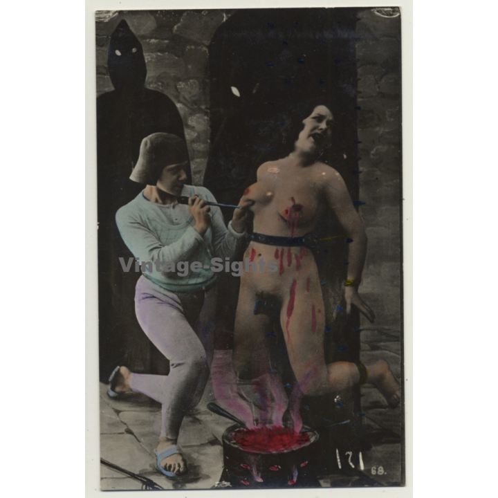 Nude Woman In Dungeon *4 / Hooded Men - BDSM (Hand Tinted RPPC ~1920s/1930s)