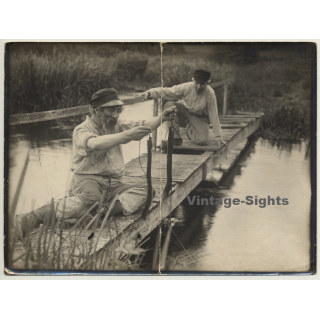 2 Older Japanese Guys Fish Eels / Jetty (Vintage Photo ~1920s)