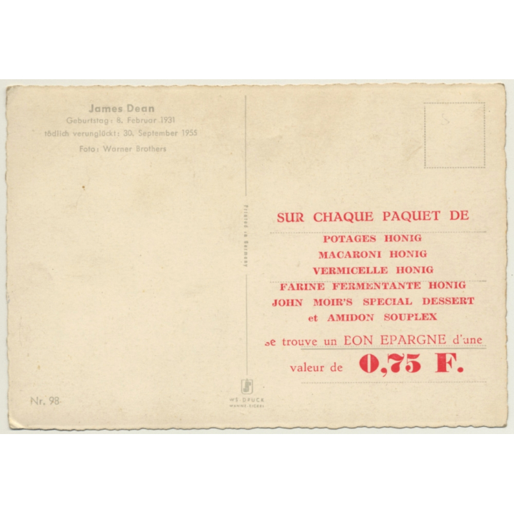 James Dean - Warner Bros / Bon Epargne O.75 F. (Vintage PC ~1960s)