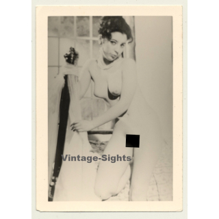 Sweet Pale Nude Holds On To Bed Post (Vintage Photo 2nd Gen B/W ~ 50s)