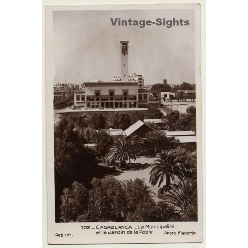 Casblanca / Morocco: La Municipalité & Jardin De La Poste (Vintage RPPC 1938)