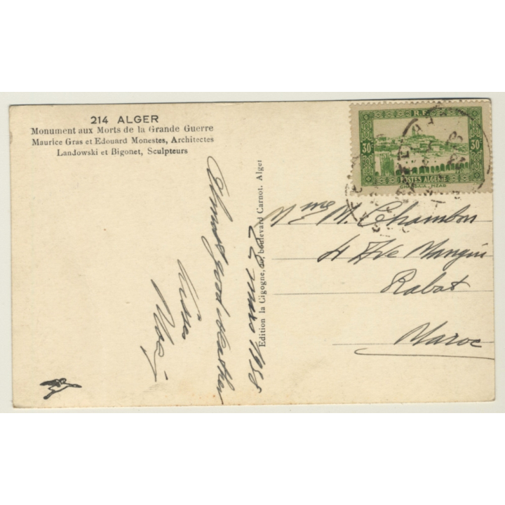 Alger / Algeria: Monument Aux Morts De La Grande Guerre (Vintage RPPC 1938)