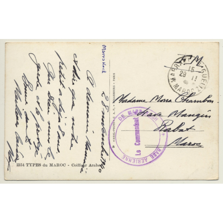 Coiffeur Arabe - Base Aérienne De Marrakech (Vintage RPPC 1940)