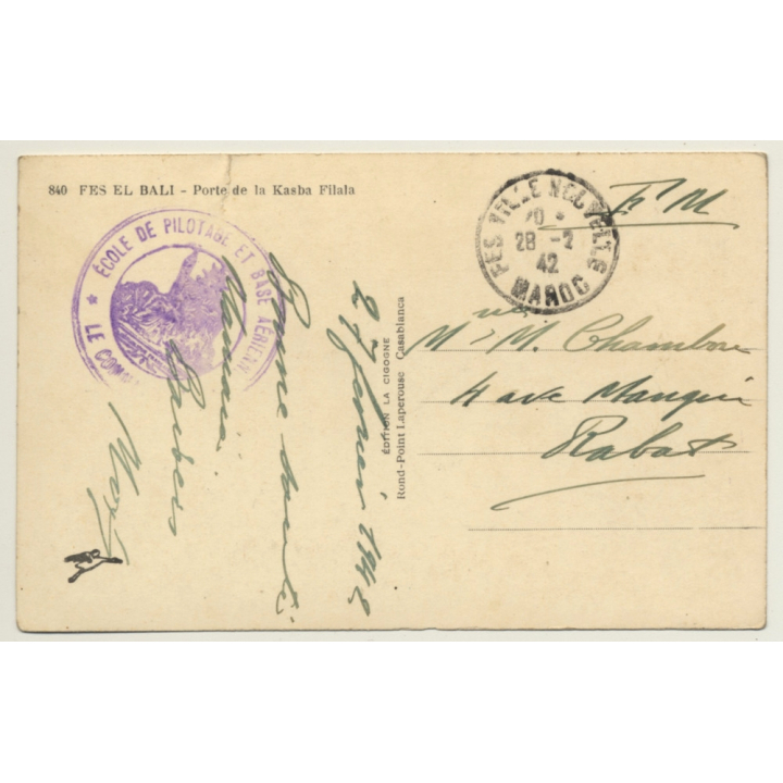 Fes El Bali: Kasba Filala - École De Pilotage & Base Aérienne (Vintage RPPC 1942)