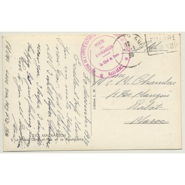 Marrakesh: Place Djma El Fna & Koutoublia / L'Office National Maroc (Vintage RPPC 1939)