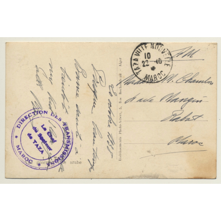 Taza: Vue Générale Ville Arabe / Direction Des Transmission (Vintage RPPC 1938)