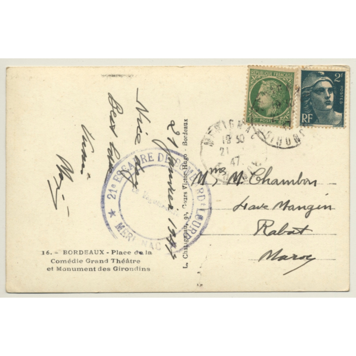 Bordeaux: Place De La Comédie / 21 Escadre Bombard.Lourd (Vintage RPPC 1947)