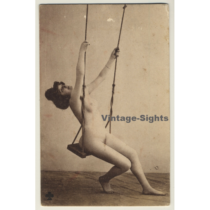 Slim French Nude On Swing / Boudoir (Vintage PC ~1910s)