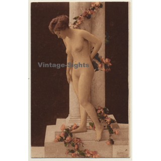 French Nude Poses Next To Pillar *2 / Boudoir (Vintage PC ~1900s)