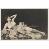French Nude Lingers On Fur / Harp - Boudoir (Vintage PC 1906)