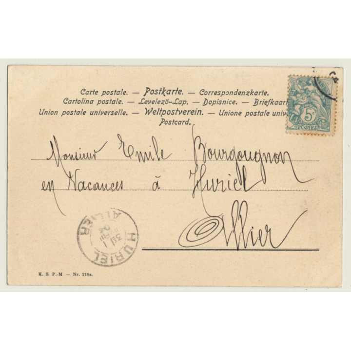 French Nude Lingers On Fur / Harp - Boudoir (Vintage PC 1906)