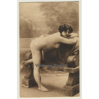 French Nude Leans On Stone Bench / Boudoir (Vintage PC ~1910s)