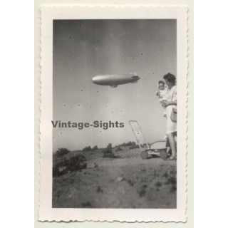 Port Lyautey / Morocco: U.S.Navy Airship Over Mother & Baby (Vintage Photo 1945)