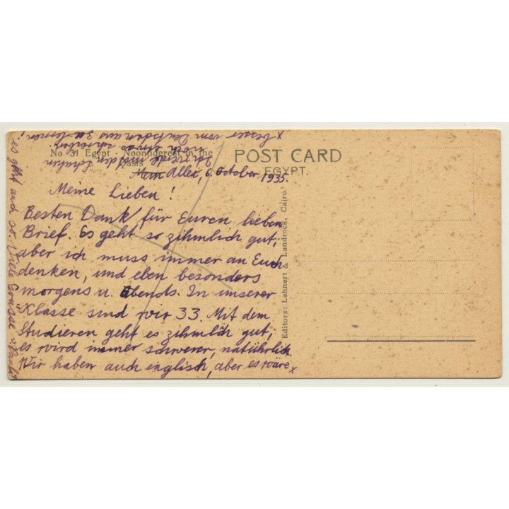 Lehnert & Landrock: Egypt No. 31 Noontide Rest In The Oasis (Vintage PC 1935)