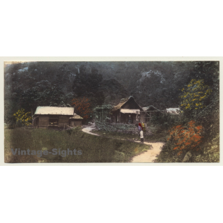 Japan: Wanderer In Front Of Wooden Huts / Rucksack (Vintage Hand Tinted Photo? ~1910s)