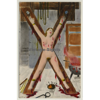 Nude Woman In Dungeon *4 / Cross Rack - BDSM (Hand Tinted RPPC ~1920s/1930s)