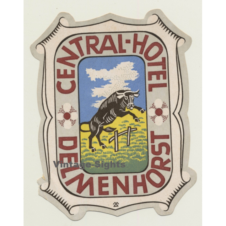 Delmenhorst / Germany: Central-Hotel / Bull - Taurus (Vintage Luggage Label)