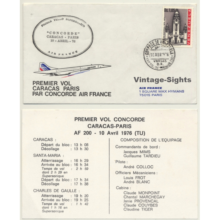 Air France / Concorde: Premier Vol Caracas-Paris 10 Abril 1976 (Vintage First Day Cover & Flight Info)