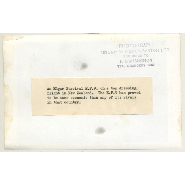 New Zealand: Edgar Percival E.P.9 / Top Dressing Flight (Vintage Photo ~1970s/1980s)