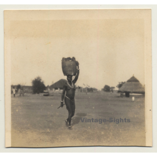 Africa: Topless Native Woman / Head-Carrying - Mud Hut (Vintage Photo ~1930s/1940s)